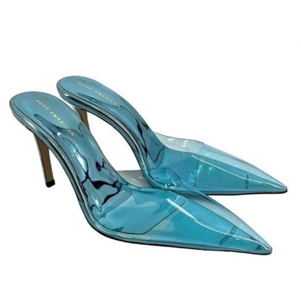 Good American Clear Teal Pointed Toe Stiletto Mules